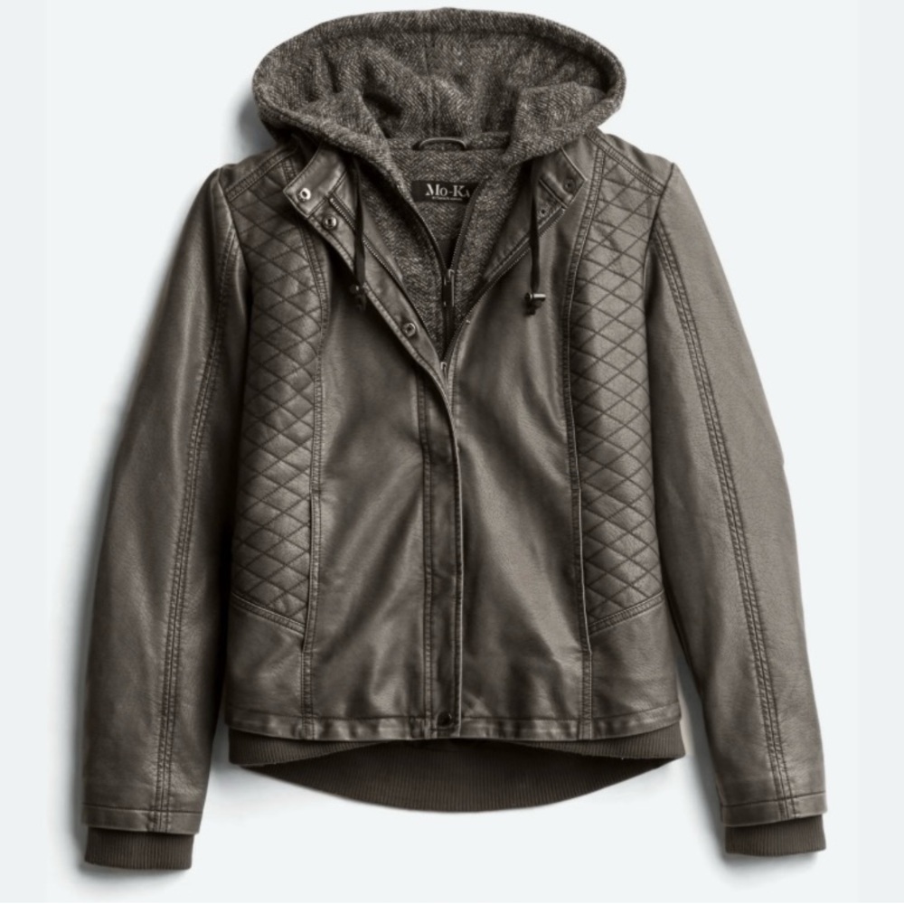 EUC knit hood faux leather jacket